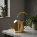 Polished vintage brass watering can with long slender spout on a marble countertop