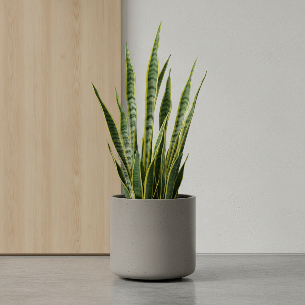 Laurentii Snake Plant with yellow-edged striped leaves in a grey concrete planter