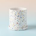 Cylindrical white ceramic planter with terrazzo speckles and matching saucer