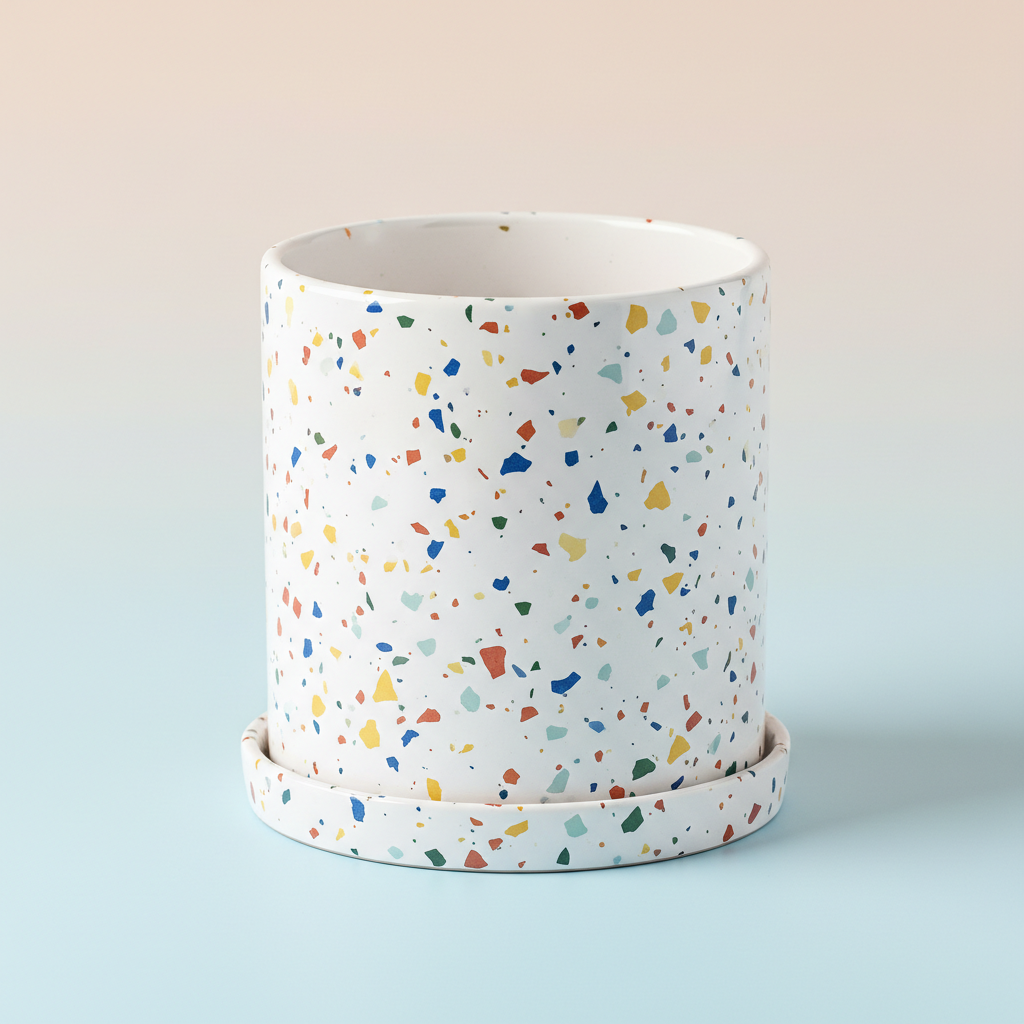 Cylindrical white ceramic planter with terrazzo speckles and matching saucer