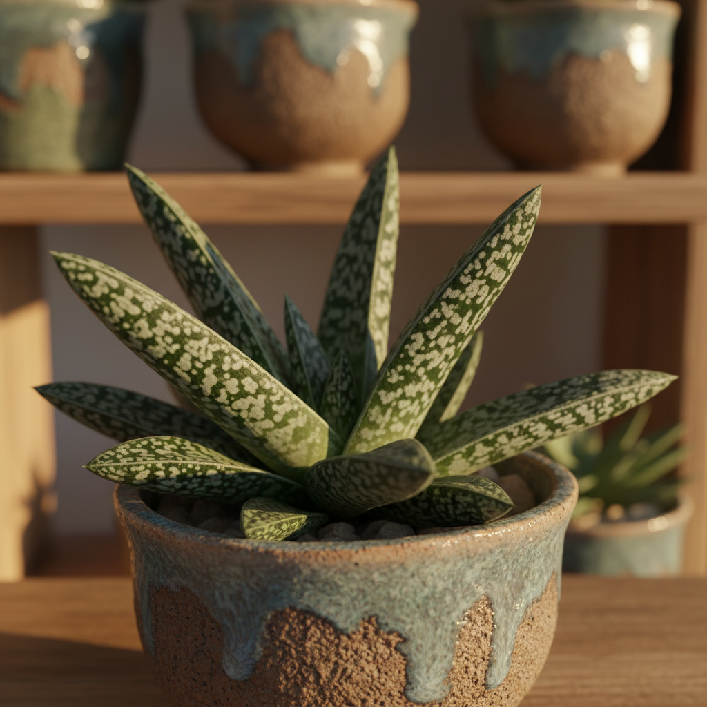 Silver Squill succulent with spotted silver leaves in a handmade ceramic bowl