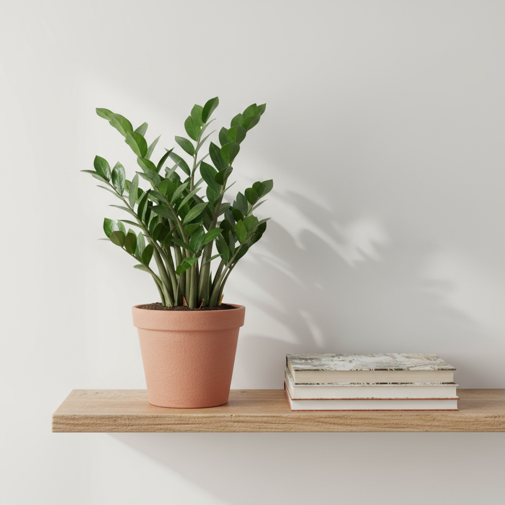ZZ Plant with glossy dark green leaves in a terracotta pot on a wooden shelf