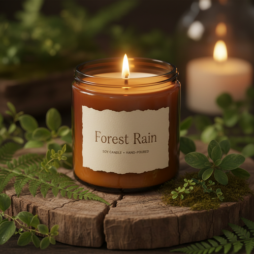 Amber glass Forest Rain soy candle with wooden wick surrounded by green leaves and moss