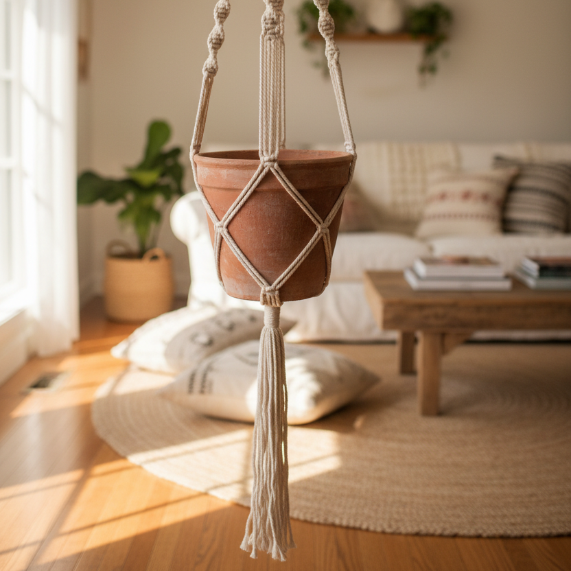 Off-white cotton macrame plant hanger with clay pot in a cozy bohemian living room